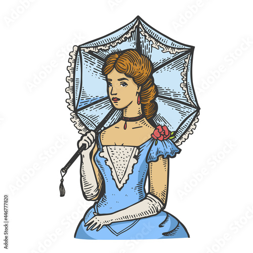 Old fashioned girl with vintage sun umbrella color line art sketch engraving vector illustration. T-shirt apparel print design. Scratch board imitation. Black and white hand drawn image.