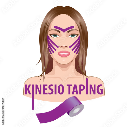 Woman with kinesiology taping on face, lifting, tightening, wrinkle smoothing, muscle relaxation.