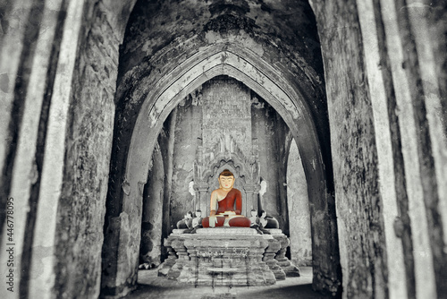 Buddha inside temple complex in Mrauk U Sittwe, Myanmar/Birma. photo