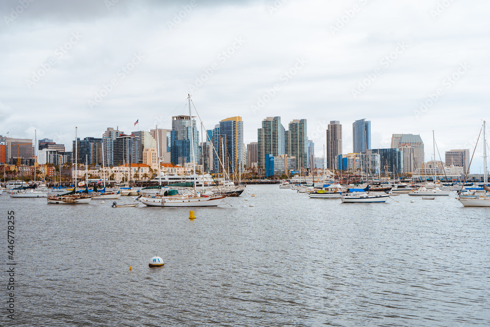 Marina with a view of downtown San Diego on a cloudy day. San Diego, USA - 22 Apr 2021 Marina with a view of downtown San Diego on a cloudy day. San Diego, USA - 22 Apr 2021