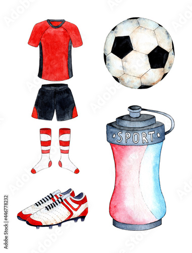 Watercolor illustrations of soccer set uniforms t-shirt and shorts, sneakers, ball and water bottle. A set of equipment for playing football. Isolated over white background. Drawn by hand.