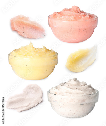 Set with different body scrubs on white background