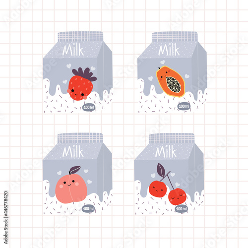 Set of cute cartoon fruit milk boxes. Kids trendy graphic. Vector hand drawn illustration.