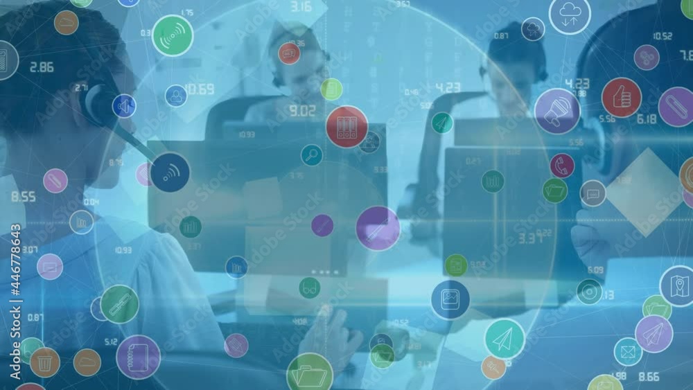 Animation of network of connections with icons over business people using phone headsets Animation of network of connections with icons over business people using phone headsets