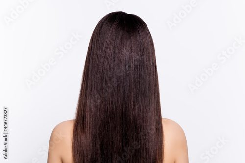 Back rear view photo of young woman incognito anonym haircare salon procedure treatment isolated over grey color background