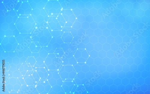 ネットワークをイメージした六角形が連なるアブストラクト素材、青いグラデーション背景