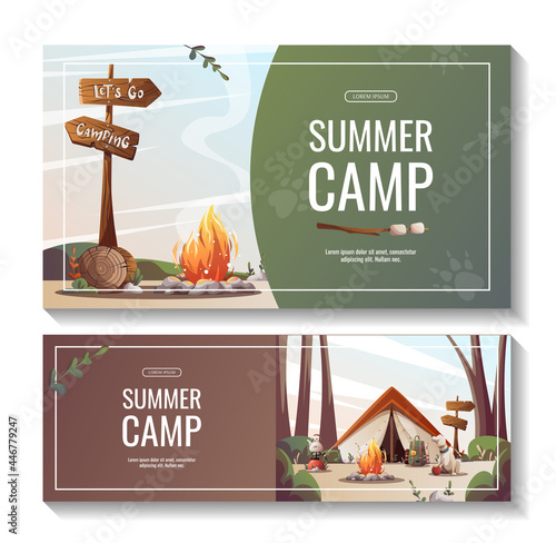 Set of promo flyers with campsite for summer camping, traveling, trip, hiking, camper, nature, journey, picnic. Vector illustration for poster, banner, flyer, cover, special offer, advertising.