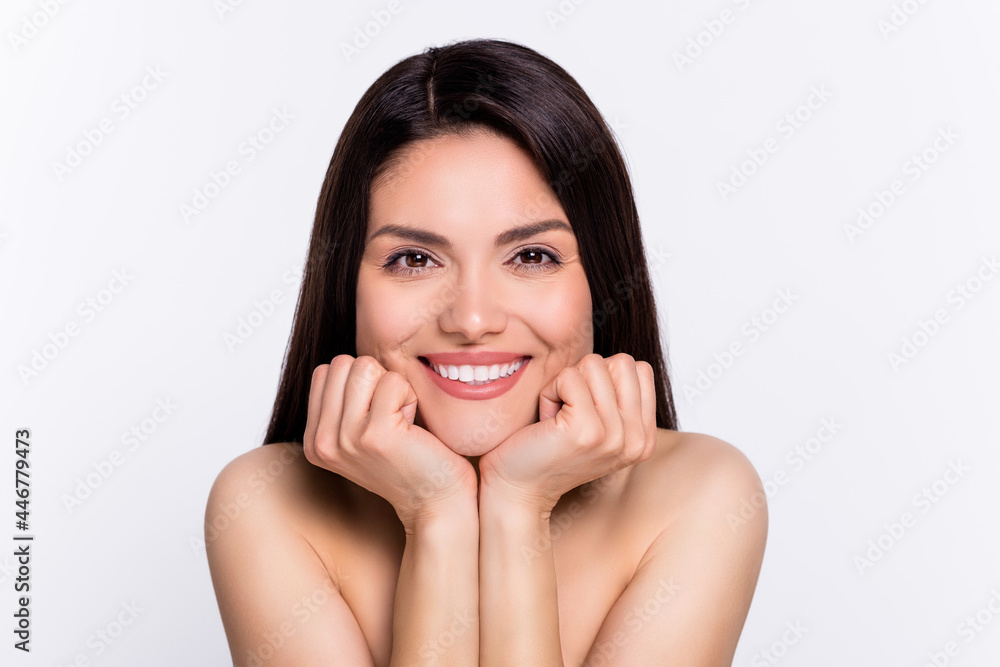 Portrait of attractive cheerful healthy woman modern collagen therapy fillers whitening teeth isolated over white color background Portrait of attractive cheerful healthy woman modern collagen therapy fillers whitening teeth isolated over white color background