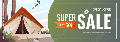 Promo sale banner with campsite. Summer camping, traveling, trip, hiking, camper, nature, journey, picnic concept. Vector illustration for poster, banner, flyer, cover, special offer, advertising.