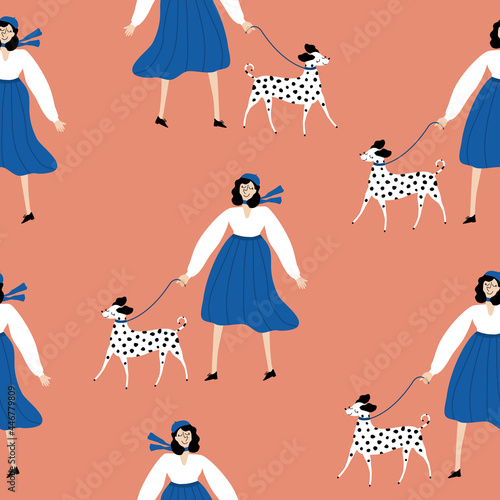 Pretty woman and dalmatian. Cute spotted purebred dog and young girl in blue skirt, white blouse and blue beret. Hand drawn vector illustration. Funny seamless pattern.