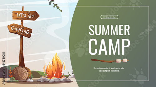 Promo flyer with Campsite with campfire, log and guidepost. Camping, traveling, trip, hiking, camper, nature, journey concept. Vector illustration for poster, banner, flyer, advertising, cover.