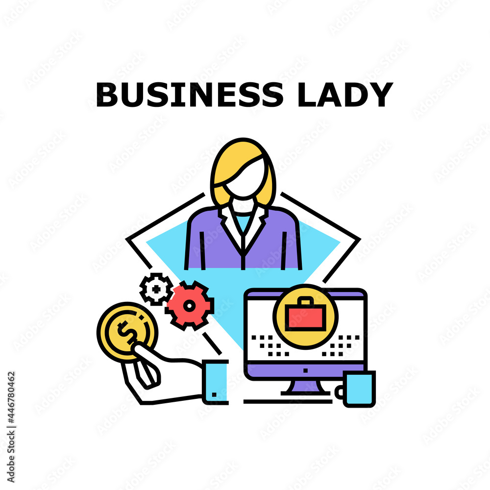 Business Lady Vector Icon Concept. Business Lady Earning Money And Working Online, Searching Job In Internet Or Search Idea For Startup. Businesswoman Occupation Color Illustration