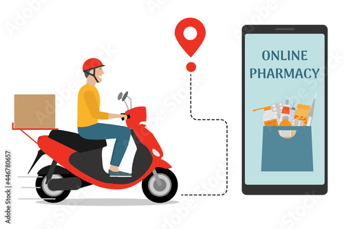 Delivery service. Man riding motor scooter with a box. Online pharmacy. E-commerce concept. 