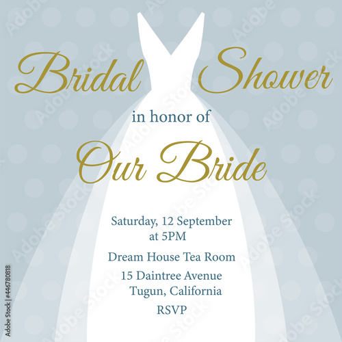 Bridal shower invitation with white dress on blue background. 