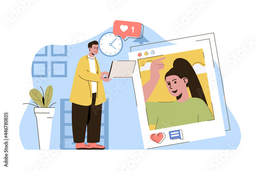 Network interaction concept. Man likes post with photo of woman on social networks situation. Follower in blog people scene. Vector illustration with flat character design for website and mobile site