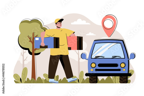 Order delivery concept. Courier carries parcels to car for delivery to client situation. Express shipping people scene. Vector illustration with flat character design for website and mobile site