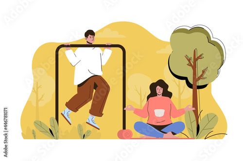 Outdoor training concept. Man exercises on horizontal bar, woman meditates situation. Healthy lifestyle people scene. Vector illustration with flat character design for website and mobile site