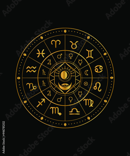 The illustration - zodiac chart in black and gold color.
