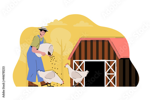 Poultry farming concept. Farmer feeding chickens, works on his farm situation. Aviculture, agribusiness people scene. Vector illustration with flat character design for website and mobile site