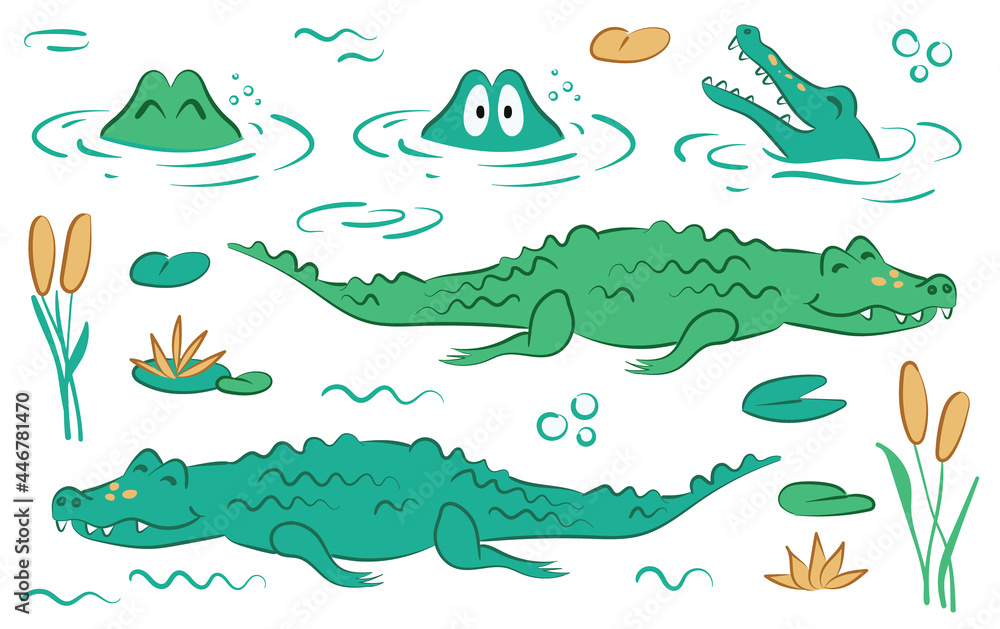 Cute cartoon crocodile animal illustration pack. Crocodiles swimming in