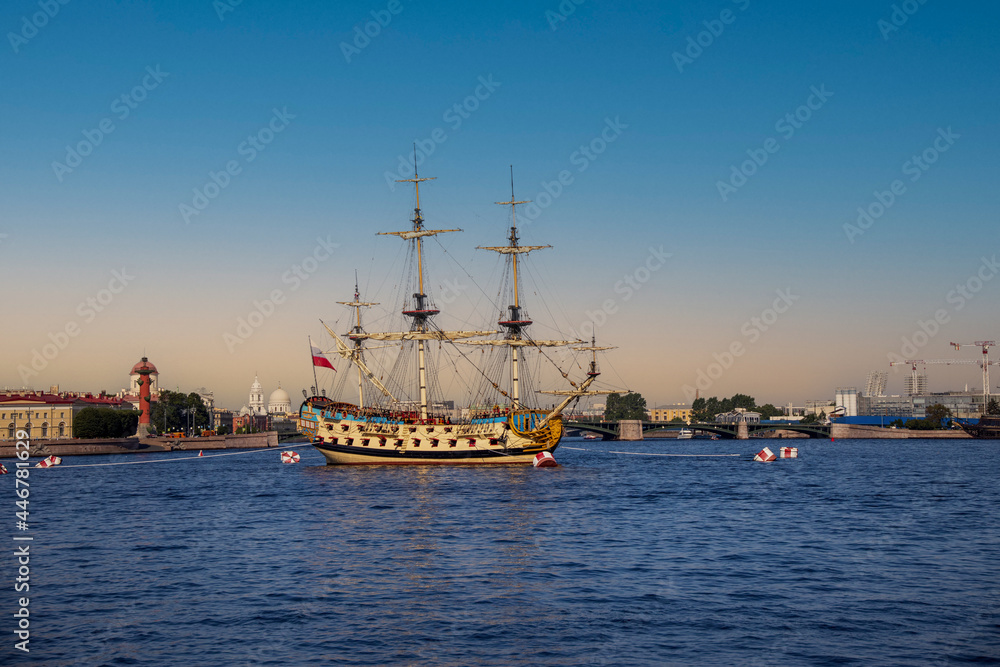 Frigate Poltava at sunset in St. Petersburg