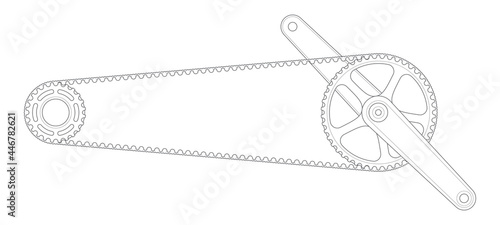 Vector black line bicycle crank with belt drives. Isolated on white background.