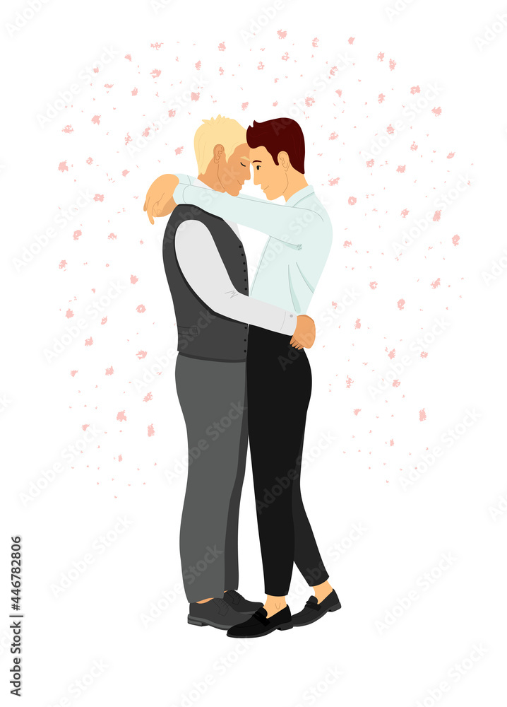 Vector flat doodle illustration of two men hugging and smiling at each other. Gay wedding. Love is love. Just married couple. Isolated on a white backgroung. Vector flat doodle illustration of two men hugging and smiling at each other. Gay wedding. Love is love. Just married couple. Isolated on a white backgroung.