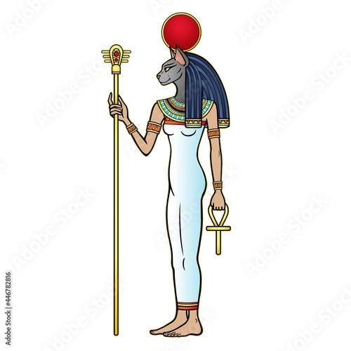 Animation portrait Ancient Egyptian goddess Bastet (Bast) holds symbols of power: staff and cross. Sacred woman cat. Profile view. Vector illustration isolated on a white background. Print, poster