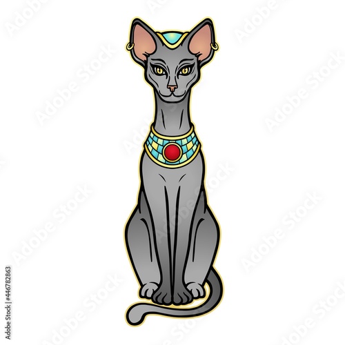 Animation portrait Ancient Egyptian goddess Bastet (Bast). Sacred cat. Vector illustration isolated on a white background. Print, poster, tatoo.