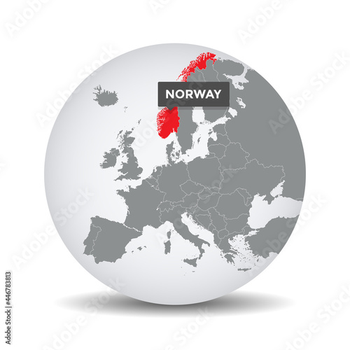 World globe map with the identication of Norway. Map of Norway. Norway on grey political 3D globe. Europe countries. Vector stock.