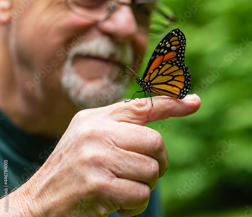 Senior male gazing at a monarch butterfly perched on his finger before he releases it into the wild.