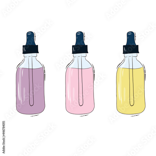 A set of vector elements of professional tools for manicure and pedicure. Stock illustration. Glass bottles with colorful cuticle oil.