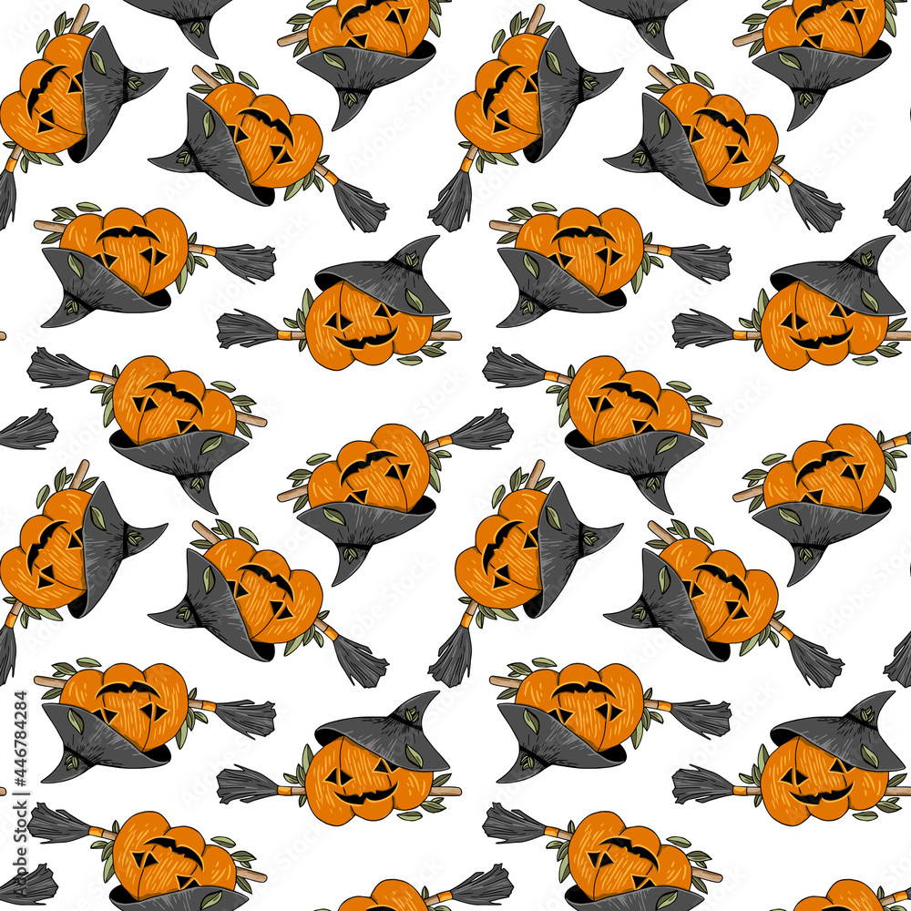 Obraz premium Halloween pumpkin doodle drawing on white background. Color image. Isolated vegetables. halloween costumes. Witch with broom. Design for textile, fabric, scrapbooking, wrapping, packing.
