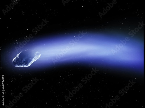 Fototapeta Naklejka Na Ścianę i Meble -  Comet with a cloud of gas and dust in outer space. Comet tail, glowing meteor flies in space against the background of stars.