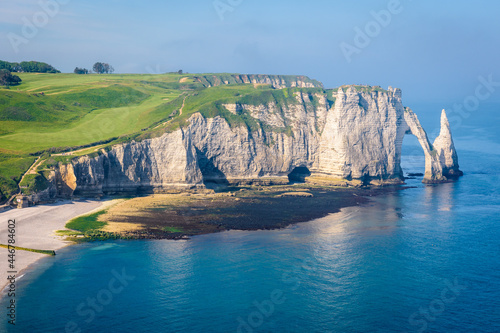 High angle view of the Needle and the arch of the Aval cliff in Etretat, France