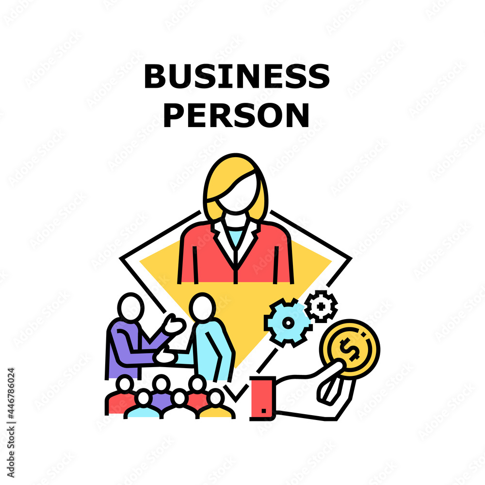 Business Person Vector Icon Concept. Businessman Talking And Conversation About Deal With Business Person. Businesswoman Earning Money In Financial Company Enterprise Color Illustration
