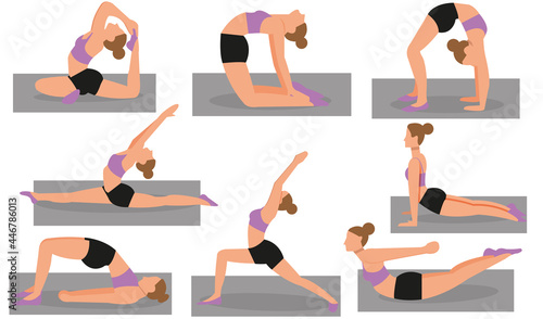 Set of slim sportive young woman doing yoga & fitness exercises. Collection of female cartoon characters demonstrating various yoga positions isolated on white background. Flat vector illustration