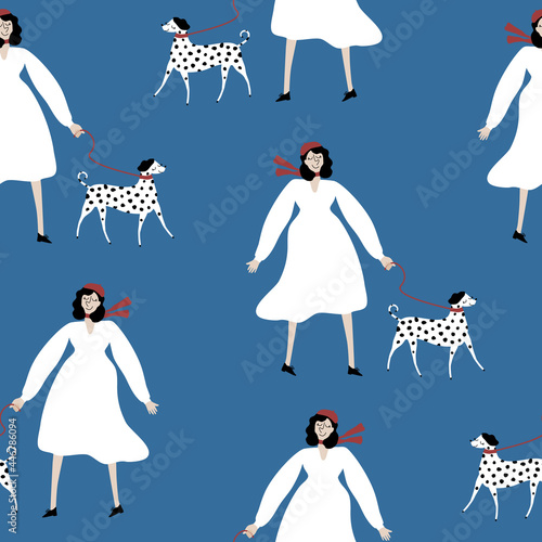 Lady walking the dalmatian. Funny purebred dog and woman in white dress and red beret. Hand drawn vector illustration. Funny seamless pattern.