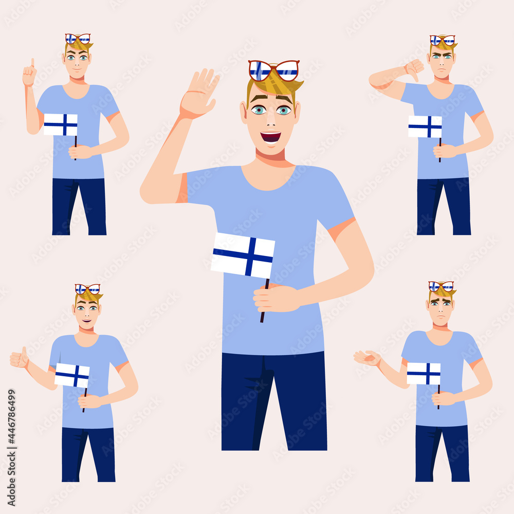 An attractive man with the Finnish flag. A set of fan emotions. Vector illustration on cartoon style An attractive man with the Finnish flag. A set of fan emotions. Vector illustration on cartoon style