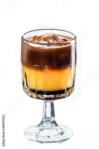 Refreshing espresso coffee with orange juice in glass isolated on white background. Mockup. Photo for the menu and site. High quality photo