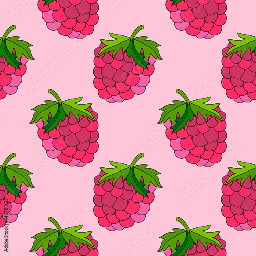 Cute cartoon doodle linear raspberry seamless pattern. Infinity background with summer berry, fruit. 