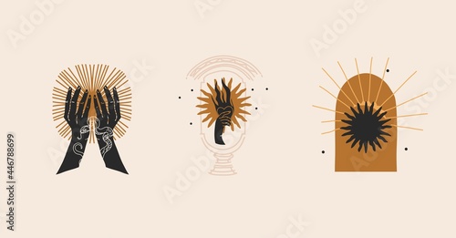 Hand drawn vector abstract stock flat graphic illustration with logo element bohemian magic art of gold sun woman hand silhouettes and stars in simple style for branding isolated on color background.