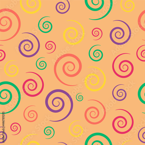 Multicolored seamless pattern with spirals for packaging, fabric, background and other products.