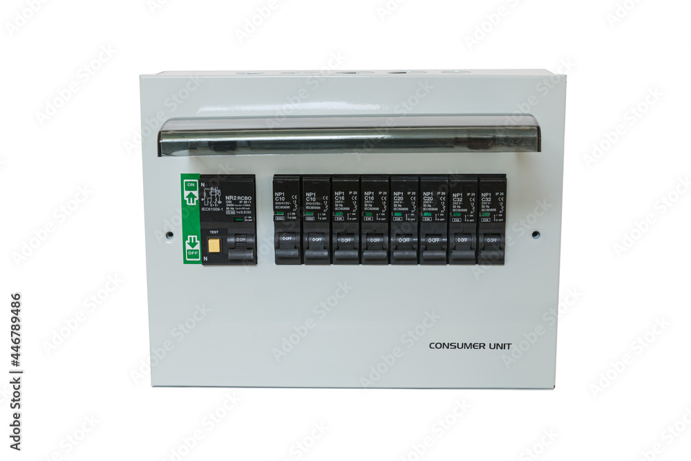 Consumer unit with automatic fuses and switchboard with circuit breakers. . Electrical panel in home distribution board of AC power systems on white background Consumer unit with automatic fuses and switchboard with circuit breakers. . Electrical panel in home distribution board of AC power systems on white background