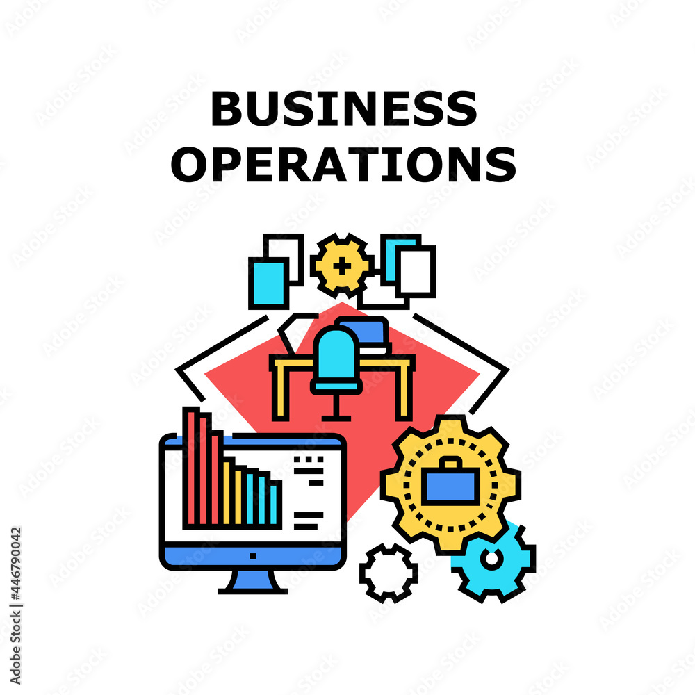 Financial Business Operations Vector Icon Concept. Working Process Management And Financial Business Operations, Analysis And Monitoring Market Prices Work At Workplace On Computer Color Illustration