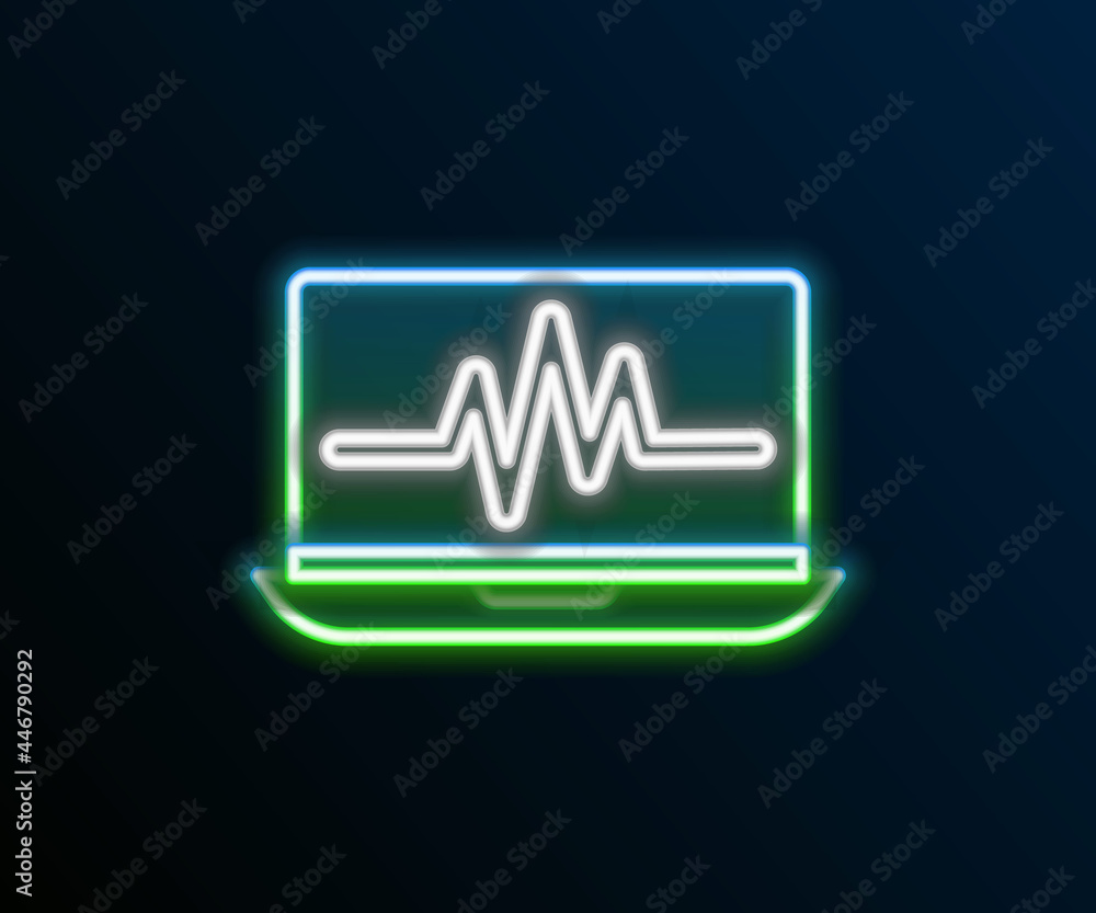 Glowing neon line Laptop with cardiogram icon isolated on black background. Monitoring icon. ECG monitor with heart beat hand drawn. Colorful outline concept. Vector Glowing neon line Laptop with cardiogram icon isolated on black background. Monitoring icon. ECG monitor with heart beat hand drawn. Colorful outline concept. Vector