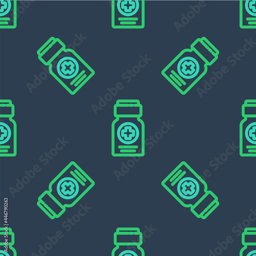 Line Medicine bottle icon isolated seamless pattern on blue background. Bottle pill sign. Pharmacy design. Vector