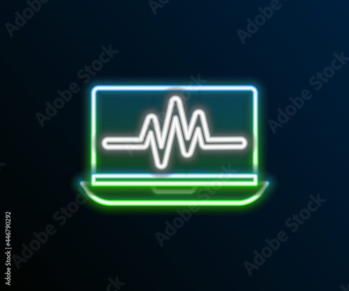 Glowing neon line Laptop with cardiogram icon isolated on black background. Monitoring icon. ECG monitor with heart beat hand drawn. Colorful outline concept. Vector