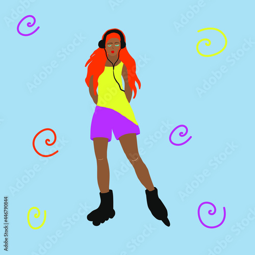 Rollerblading girl vector illustration. Woman with red hair wearing shorts and top retro style roller skates