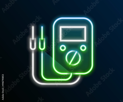 Glowing neon line Ampere meter, multimeter, voltmeter icon isolated on black background. Instruments for measurement of electric current. Colorful outline concept. Vector